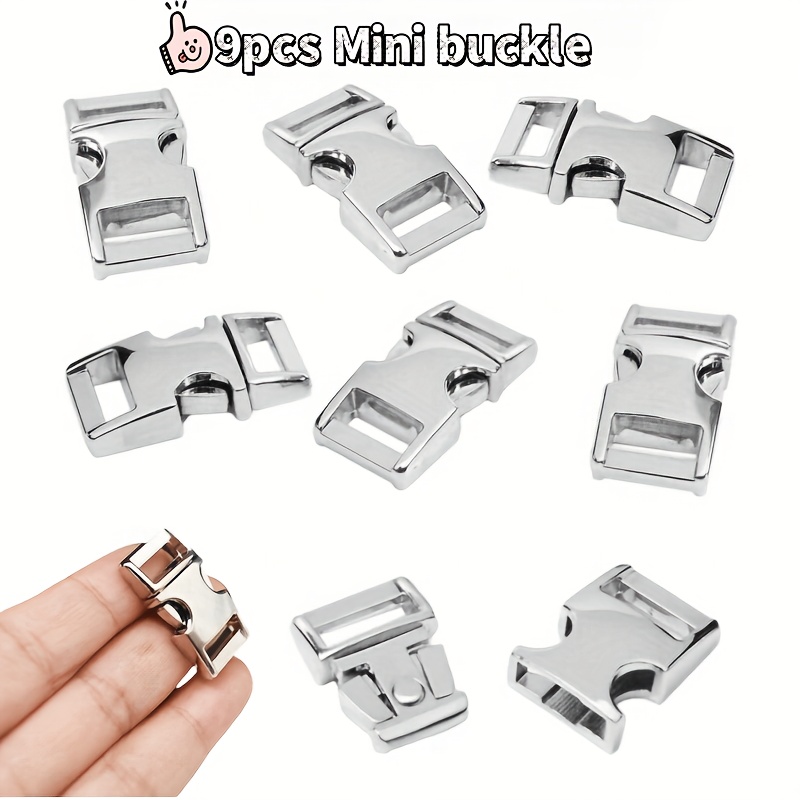 set of 9 quick release metal alloy buckles sturdy and   suitable for   collars sewing bags and outdoor backpack additions dimensions 0 86 inches long by 0 55 inches wide