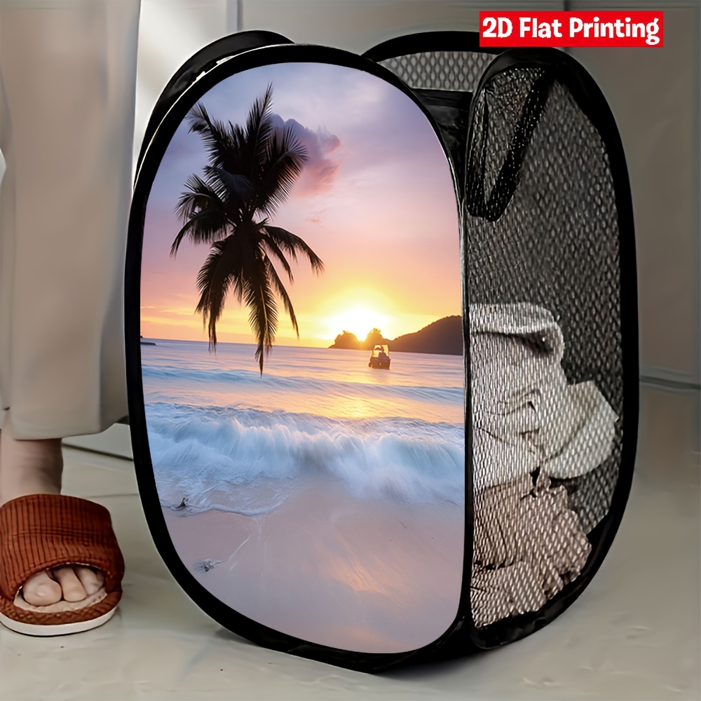 TEMU 1 panier à linge pop-up en avec motif de plage, de tropical et de palmiers | Solution de rangement légère et durable en polyester pour de et