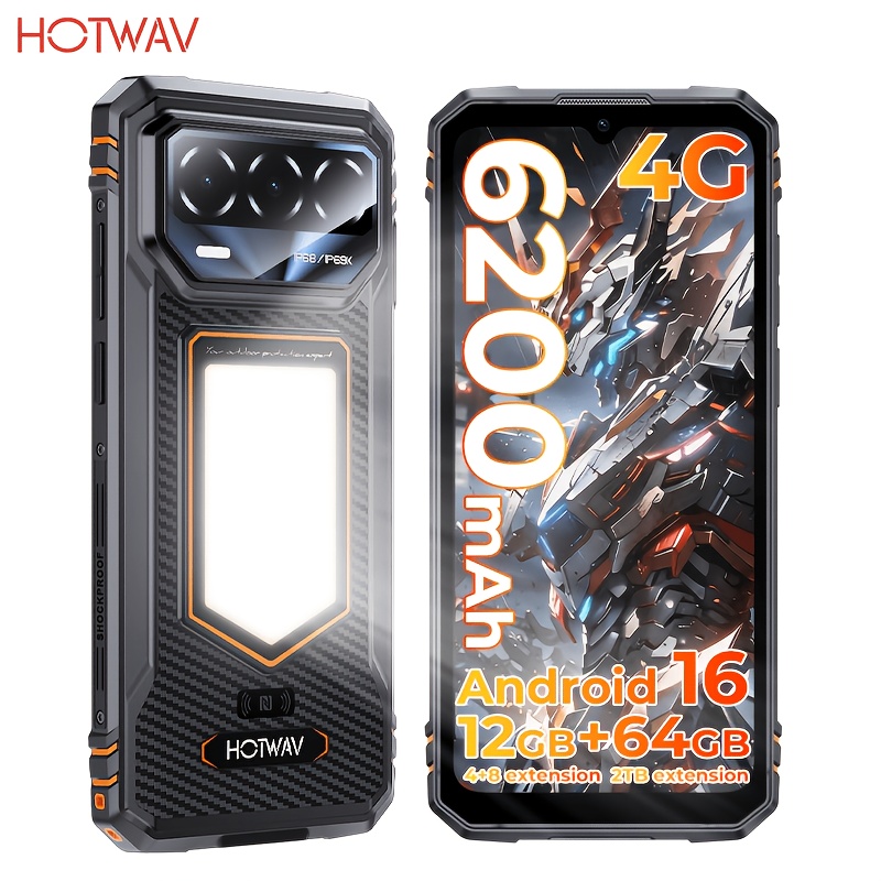 HOTWAV T8 Robuuste Smartphone, 16, 4G-netwerk, 12GB (4+8GB) RAM 64GB ROM Uitbreidbaar tot 2TB, 6200mAh-batterij, Ingebouwde Campinglamp Achter, Ondersteuning NFC GPS FM OTG