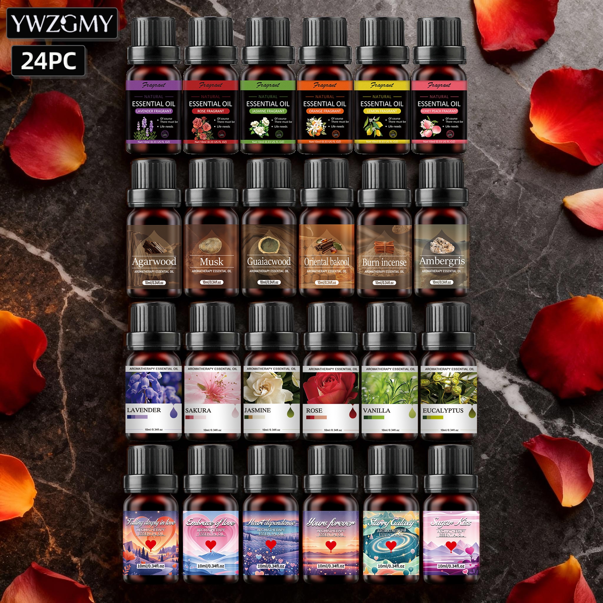12/24pcs Essential Oil Combination Set. Christmas Gift, Contains Floral Fragrance Series, 10ml Per Bottle, For Diffusers, Humidifiers, Ovens, Stones, Candles, Car.