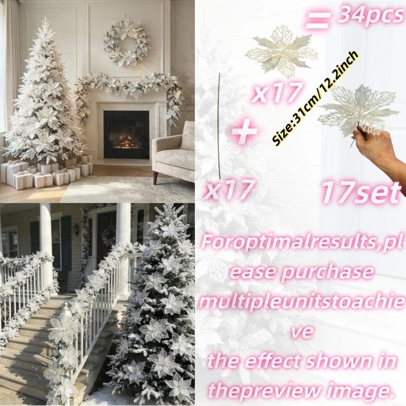 TEMU 17pcs Deluxe Set - Artificial White Christmas Flowers With A Transparent And Exquisite Texture. Featuring Light Luxury, High-end Leaf Vein