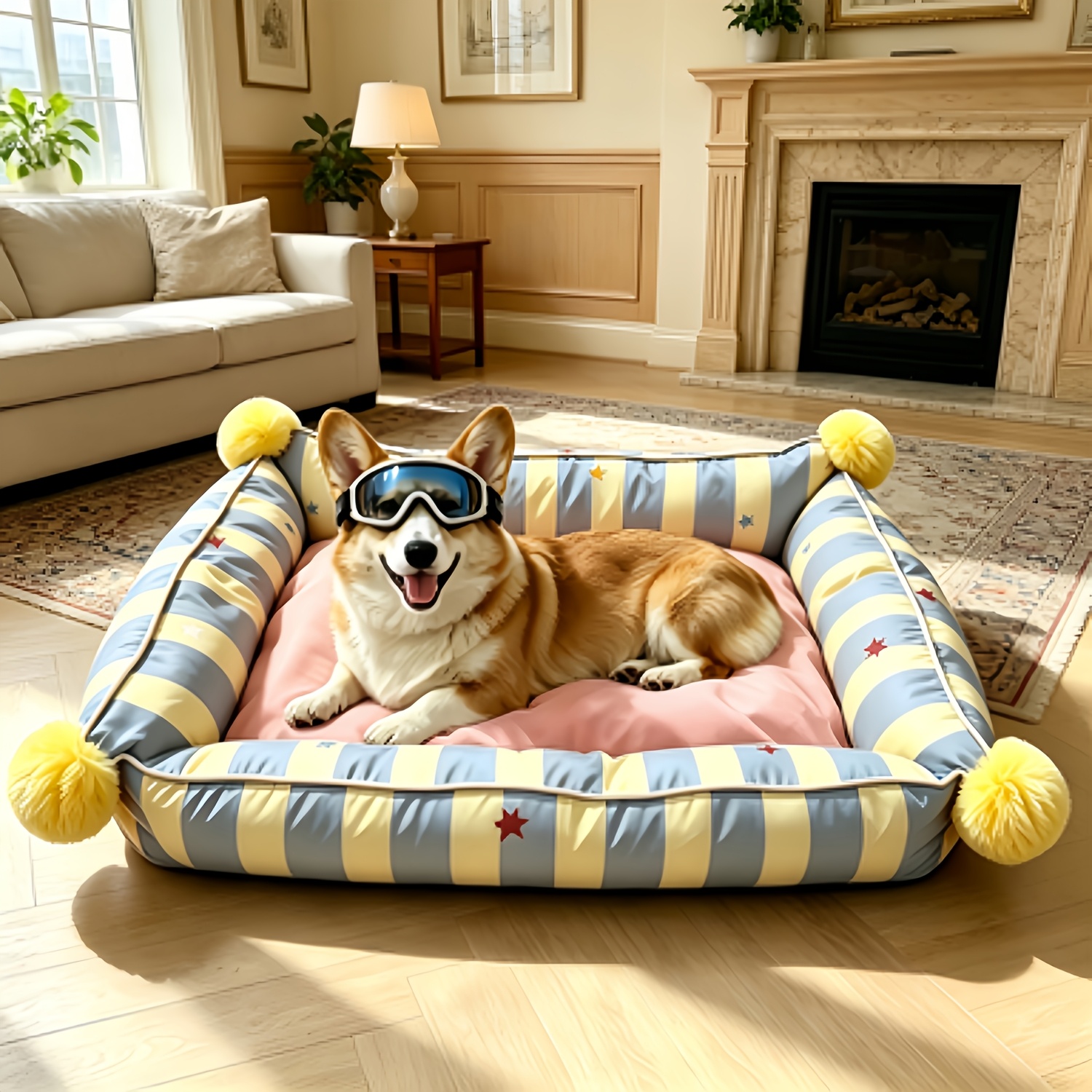 Striped Pet Sofa Bed With Pom-poms, Universal Bed, Calming Pet Cushion, Washable Pet Nest, Non-slip Bottom Pet Lounger For Puppy Kitten Small Medium Pets