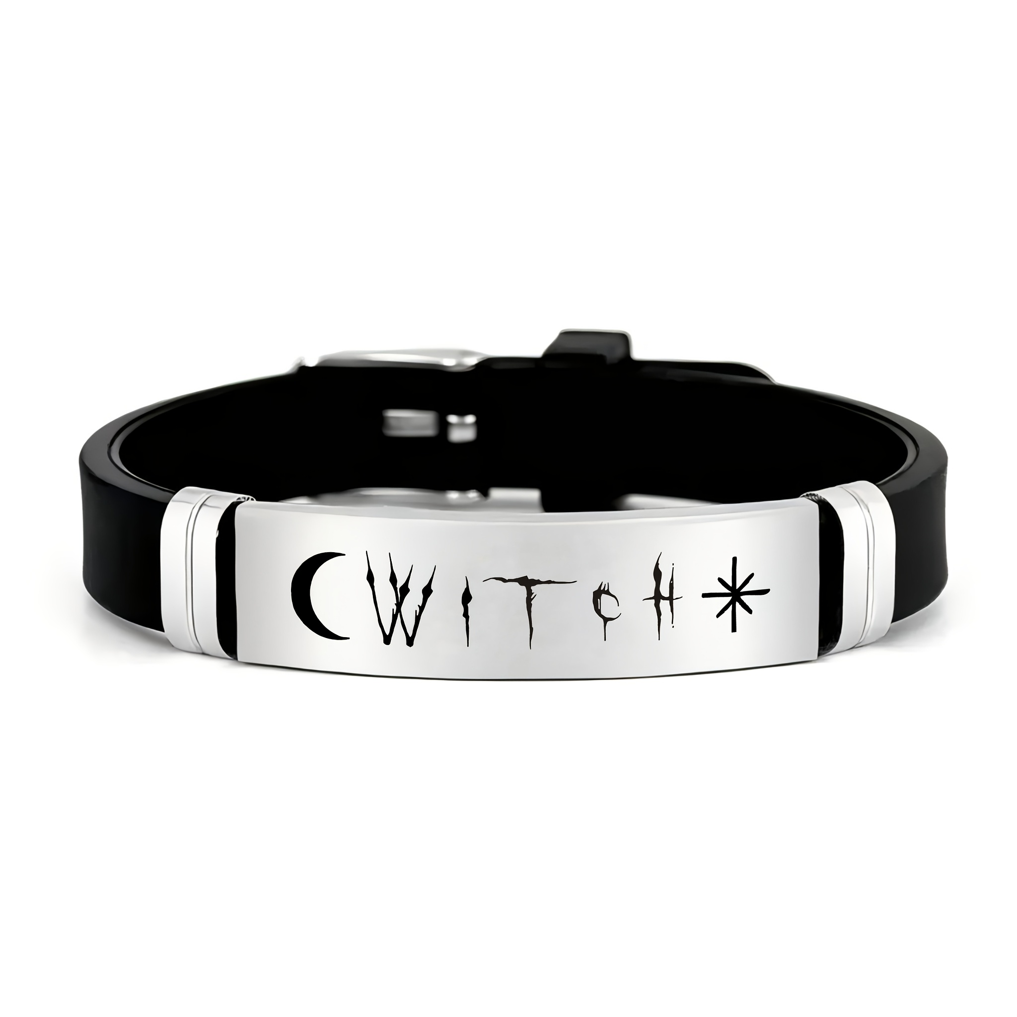 TEMU Fashion Witch Print Bracelet With Durable 202 Stainless Steel Tag, Adjustable Length Silicone Strap, Witch Accessory, Suitable For Halloween