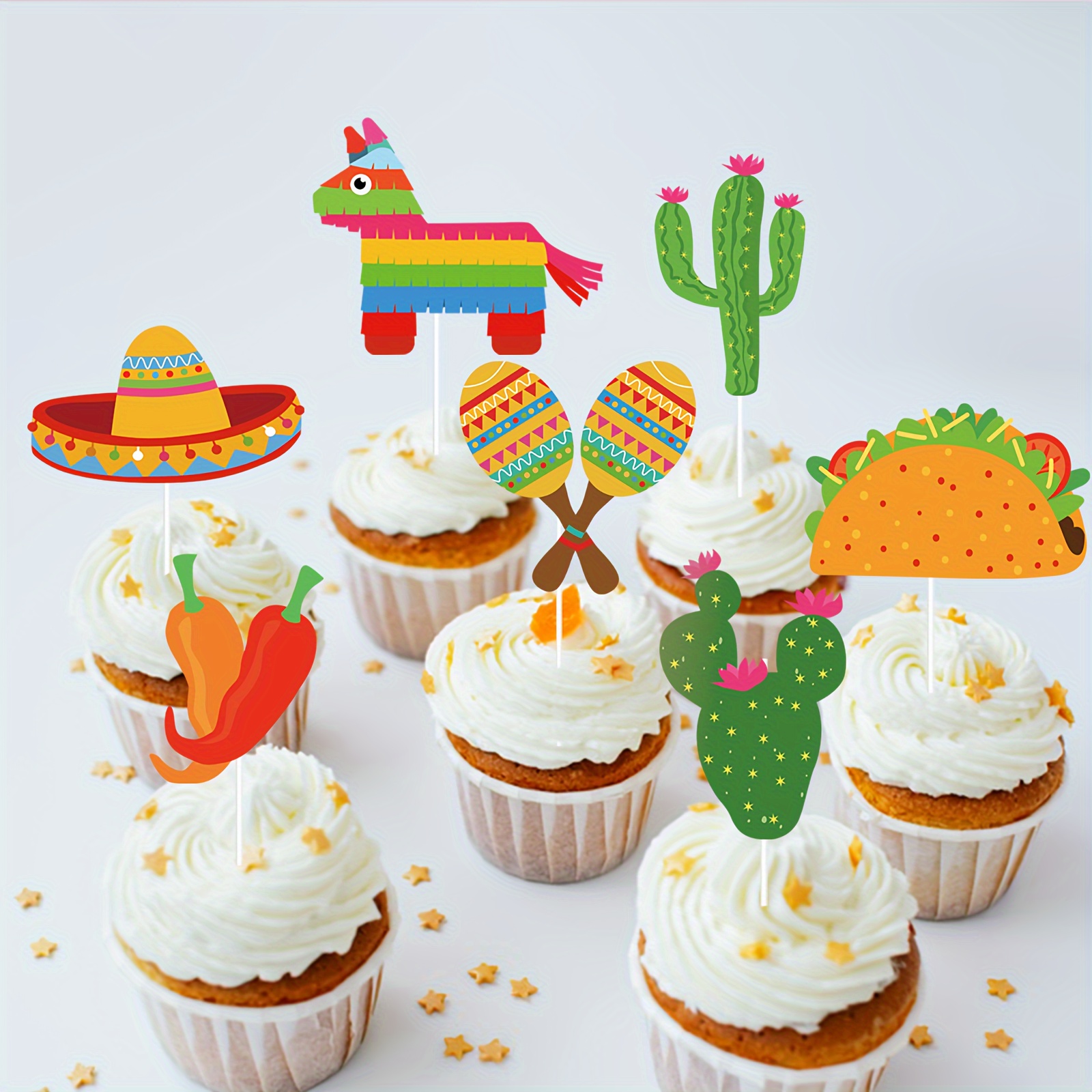 36 Piezas De Decoración De Cupcakes Con Temática Mexicana Para Decoración De Tartas Con Temática Mexicana De Cactus, Burro, Taco, Pimienta, Bigote, Decoración De Fiesta