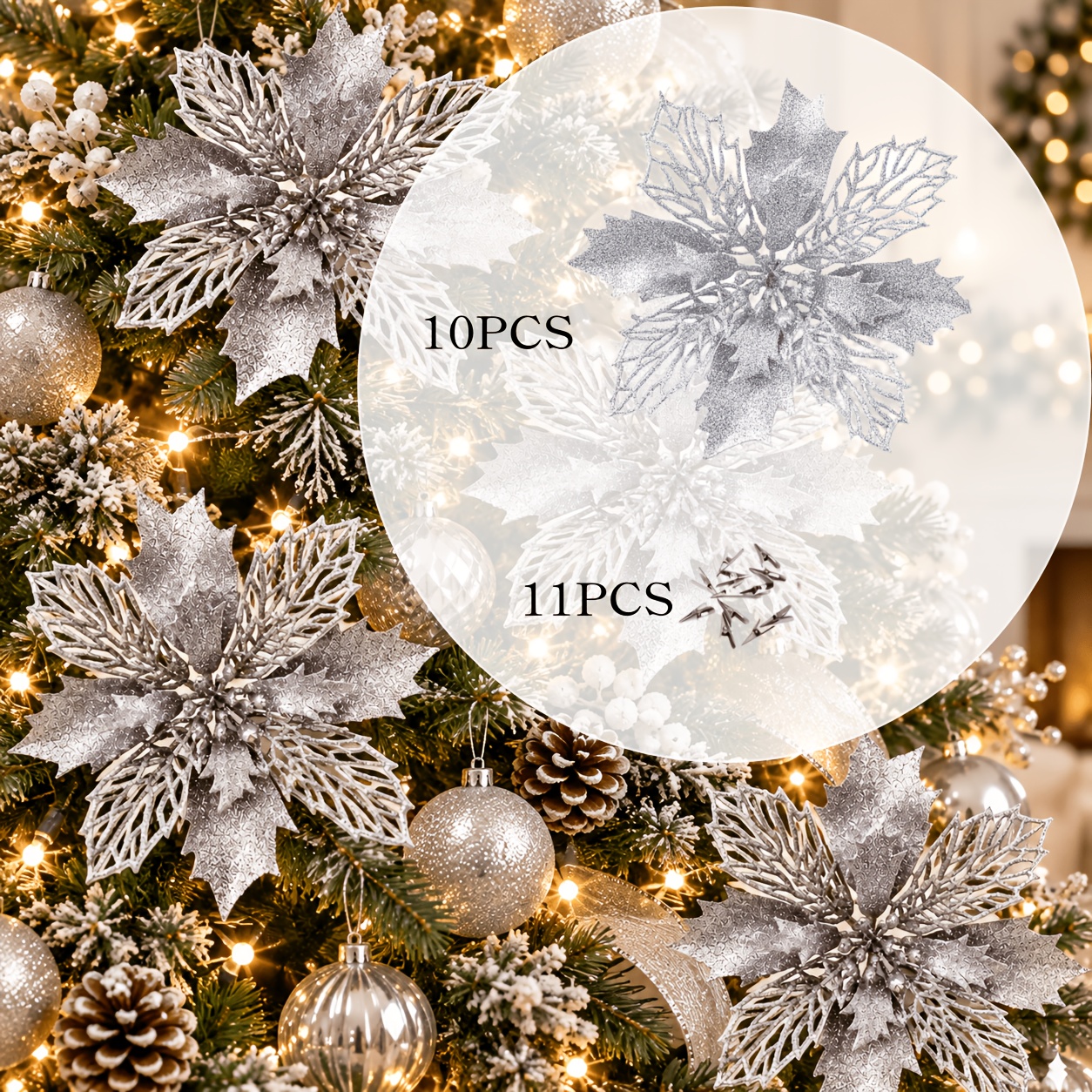 TEMU Ensemble de 21 pièces : 10 fleurs décoratives de Noël + 11 pinces, Poinsettia - Noël - Décoration de couronne - Bricolage de couronne - Couronne
