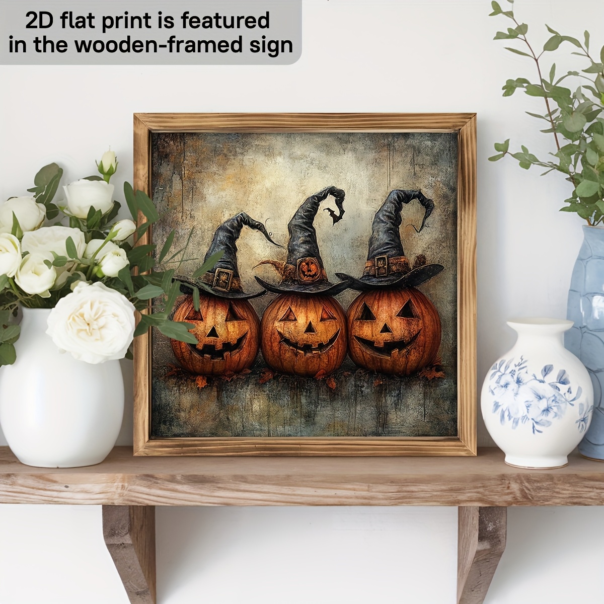 TEMU 2d Flat, 1pc Vintage Halloween Wall Decor - & Jack-o'-lanterns With Hats, Recycled Wood Sign, No Electricity Needed, Indoor/outdoor Decoration