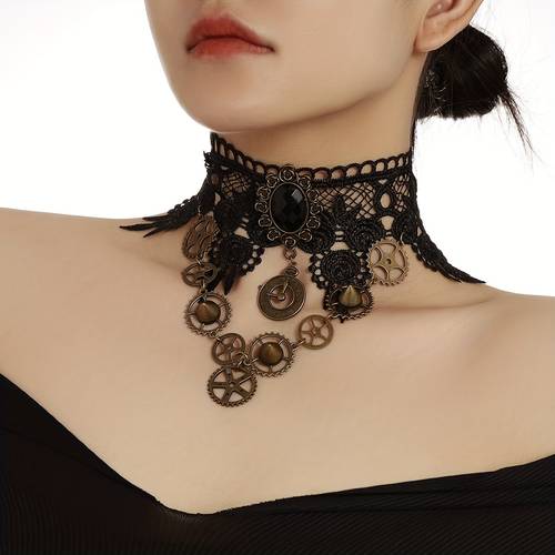 2 pcs steampunk choker necklace bracelet jewelry set vintage lace with bow bracelet with ring halloween costume accessory
