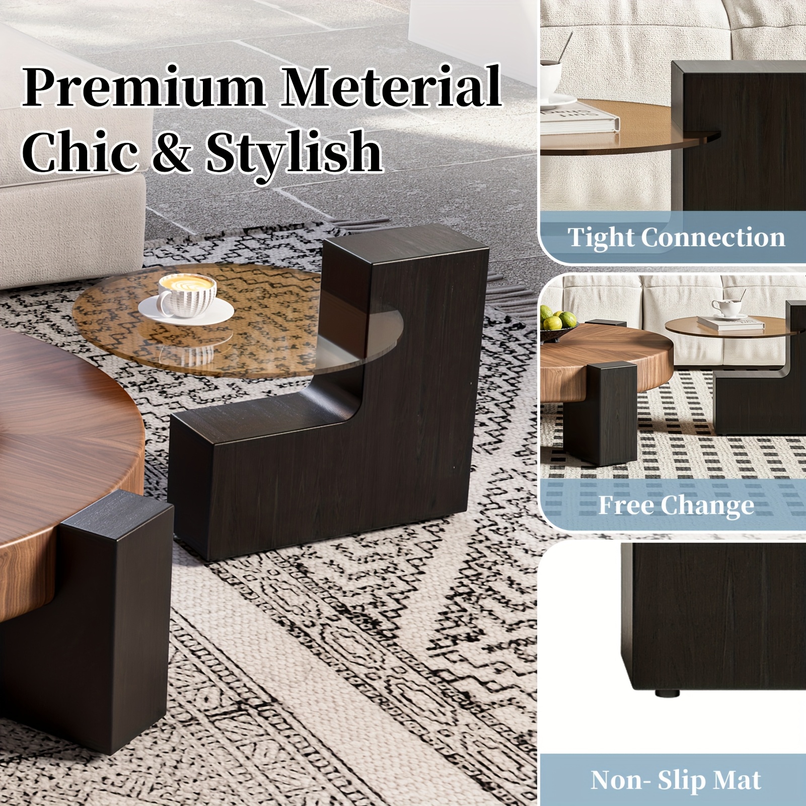 2pcs Set of Modern Round Wood Coffee Table with Geometric Leg Design