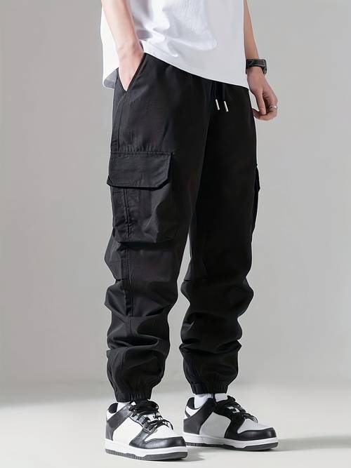 boys and teenagers fashion casual solid outdoor versatile ankle cinching easy large pocket cargo trousers drawstring waist suitable for sports outdoor activities wear lightweight long pants