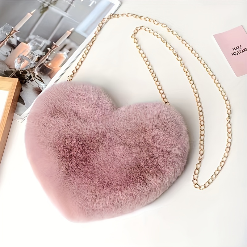 TEMU 1pc, Outdoor Heart-shaped Plush Crossbody Bag, Fashion Chain Shoulder Bag, Sweet Purse, Halloween And Christmas Decorations, Valentine's Day Gift