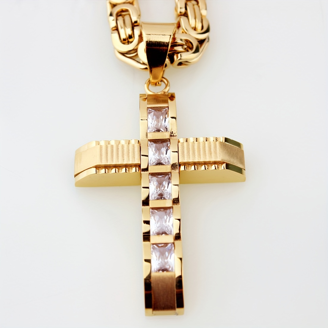 mens stainless steel golden cross pendant necklace details 2