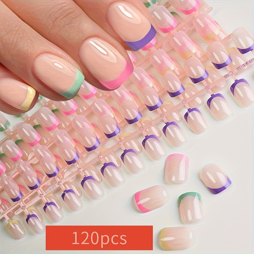 Image of 120-pack French Short Square Fake Nails, Five-color Nude French Fake Nails, Nail Practice Nails, Full Coverage, Ideal , Classic French Nails | Shine Surface Nails
