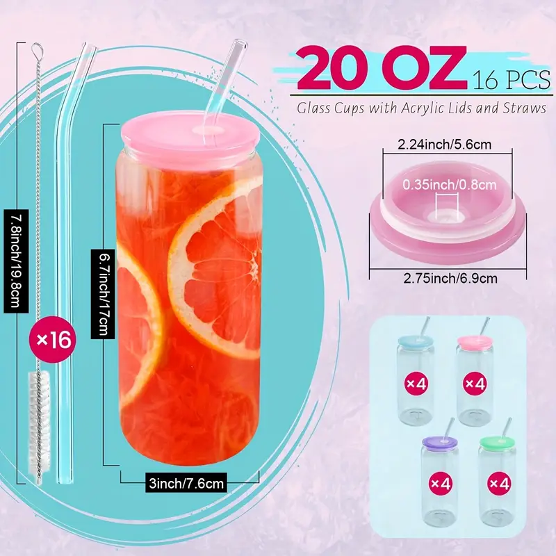 20 oz glass cups with acrylic lids and straws 16 pcs can shaped glass iced coffee cups with lids drinking jar glasses cute tumbler cup great for smoothie soda boba tea cocktail beer gift Product details 8