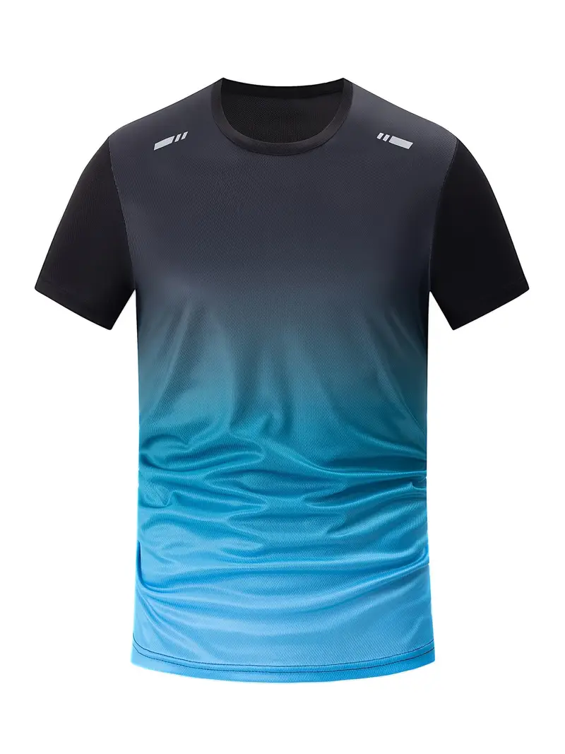 3pcs mens fitness set athletic shorts short sleeve shirt running jacket blue to black gradient stretchy polyester blend crew neck summer sportswear for running and training workout apparel gradient design knit construction gym clothe Product details 28