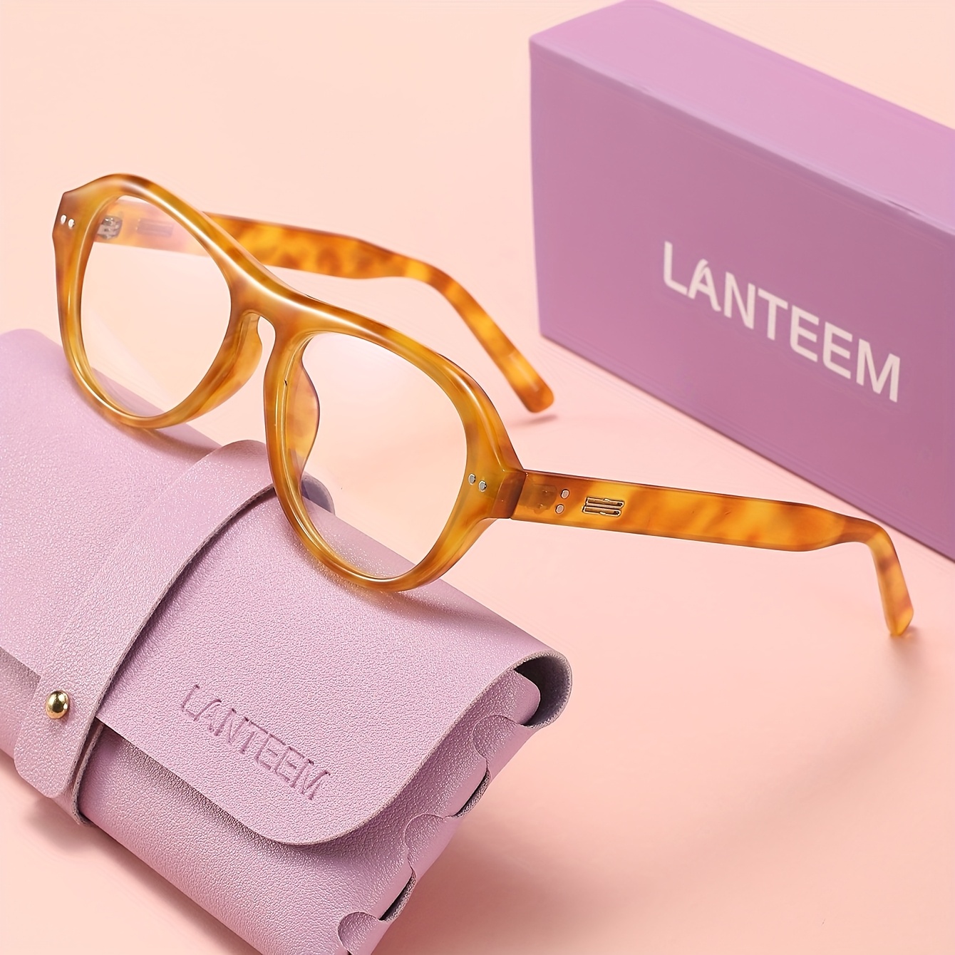 TEMU 1 Pair Lanteem Women's Tortoiseshell Glasses With & Protective Cover - Y2k Bohemian Round Suitable For, Office, Parties, Daily Wear - Clear Non-
