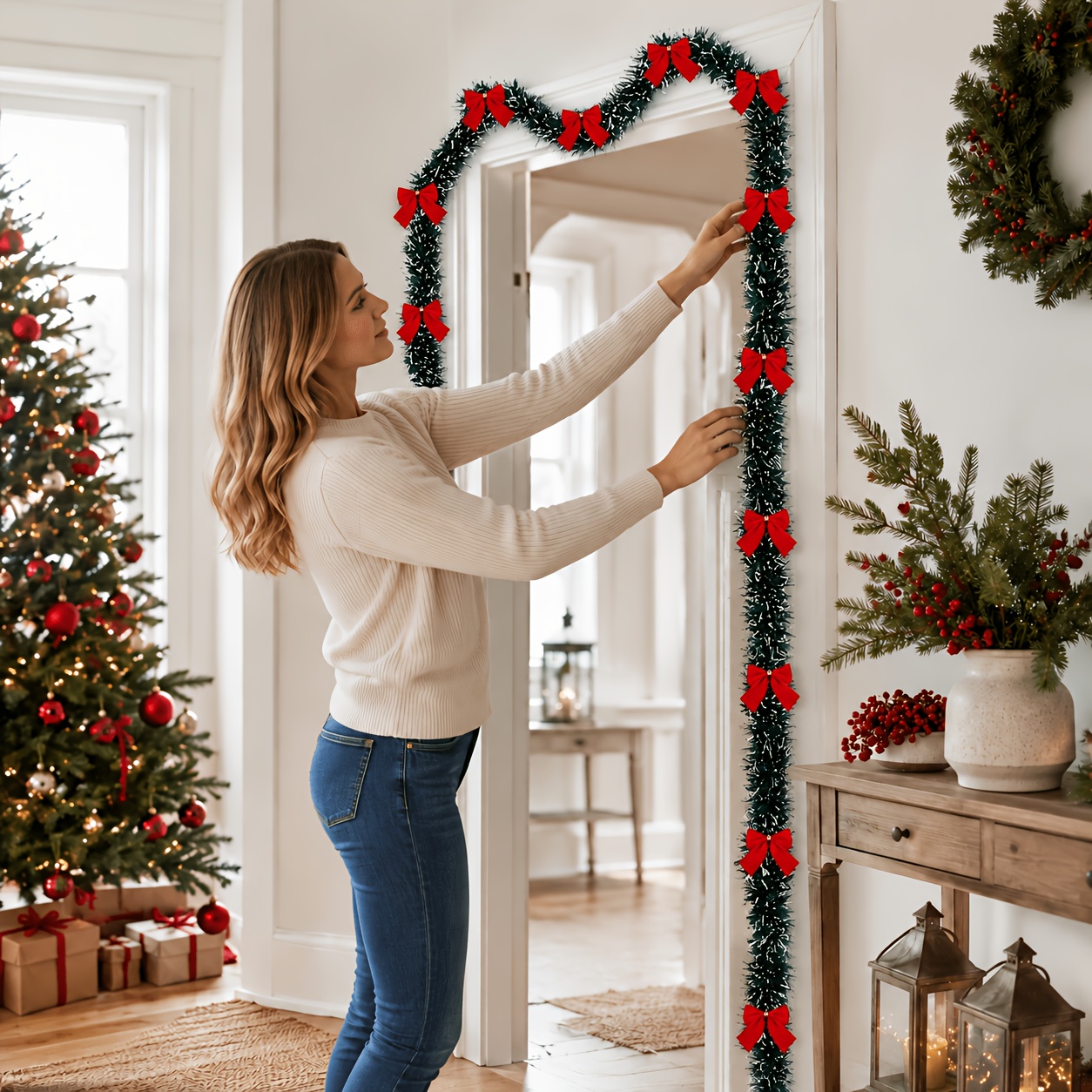 TEMU 2pcs Artificial Christmas Cedar Garland Decoration With Red Bow And Christmas Ribbon Party Garland Wreath, Winter Christmas Garland Hanging