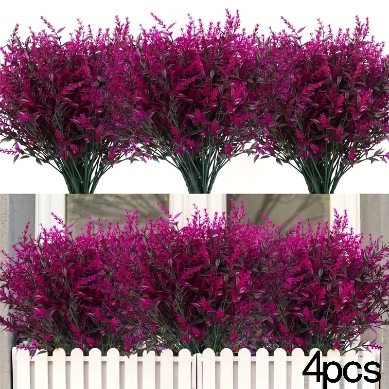 4pcs Vibrant Fuchsia Artificial Lavender Plants - Uv-resistant & Lifelike Greenery For Home, Wedding, Patio Decor