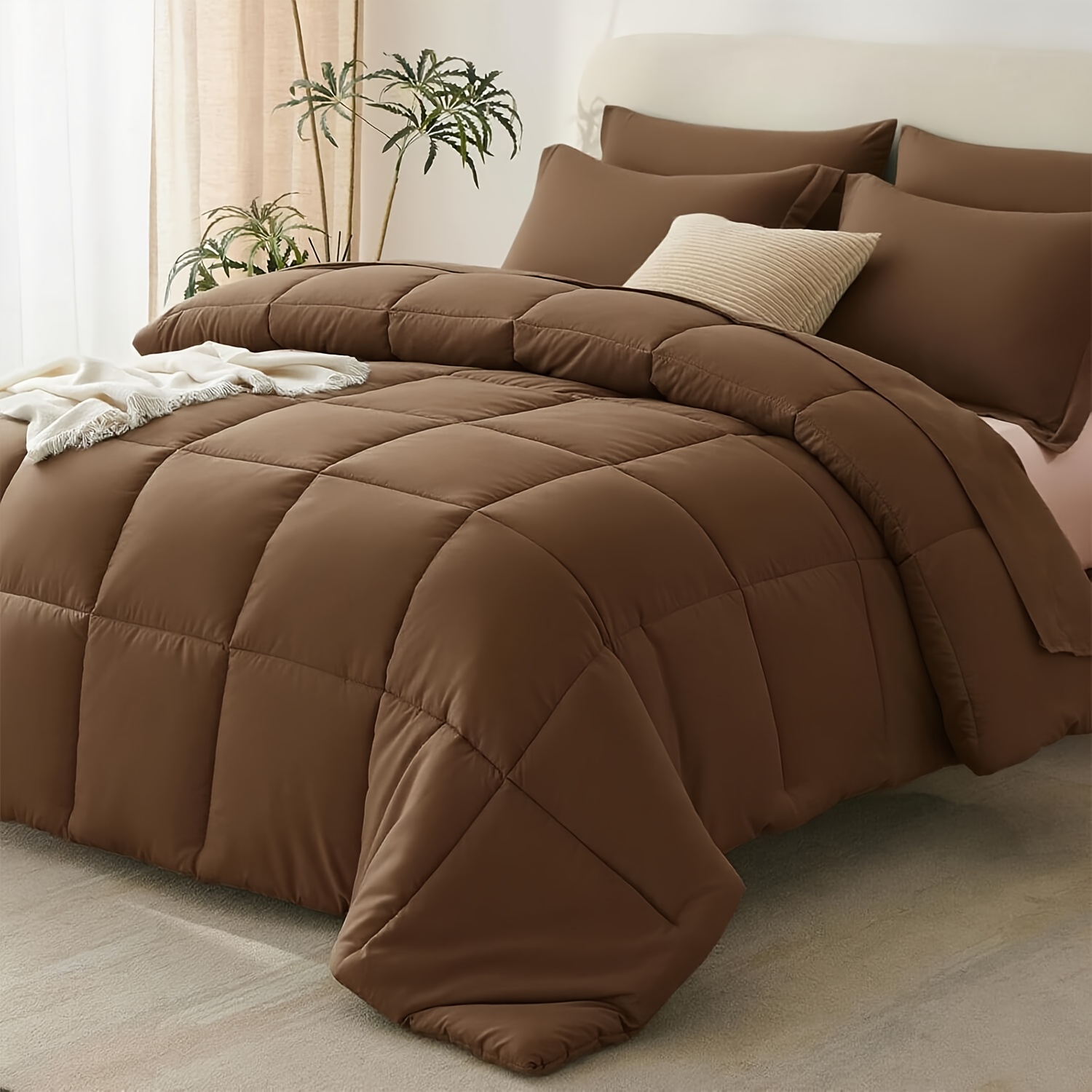 TEMU 3pcs Solid Color Comforter Set, Box Stitched Bed Set For All Season, Soft Bedding Sets With Machine Washable Lightweight Thermal Set Lnclued 1 Comforter & 2 Pillowcases, Twin/queen/king