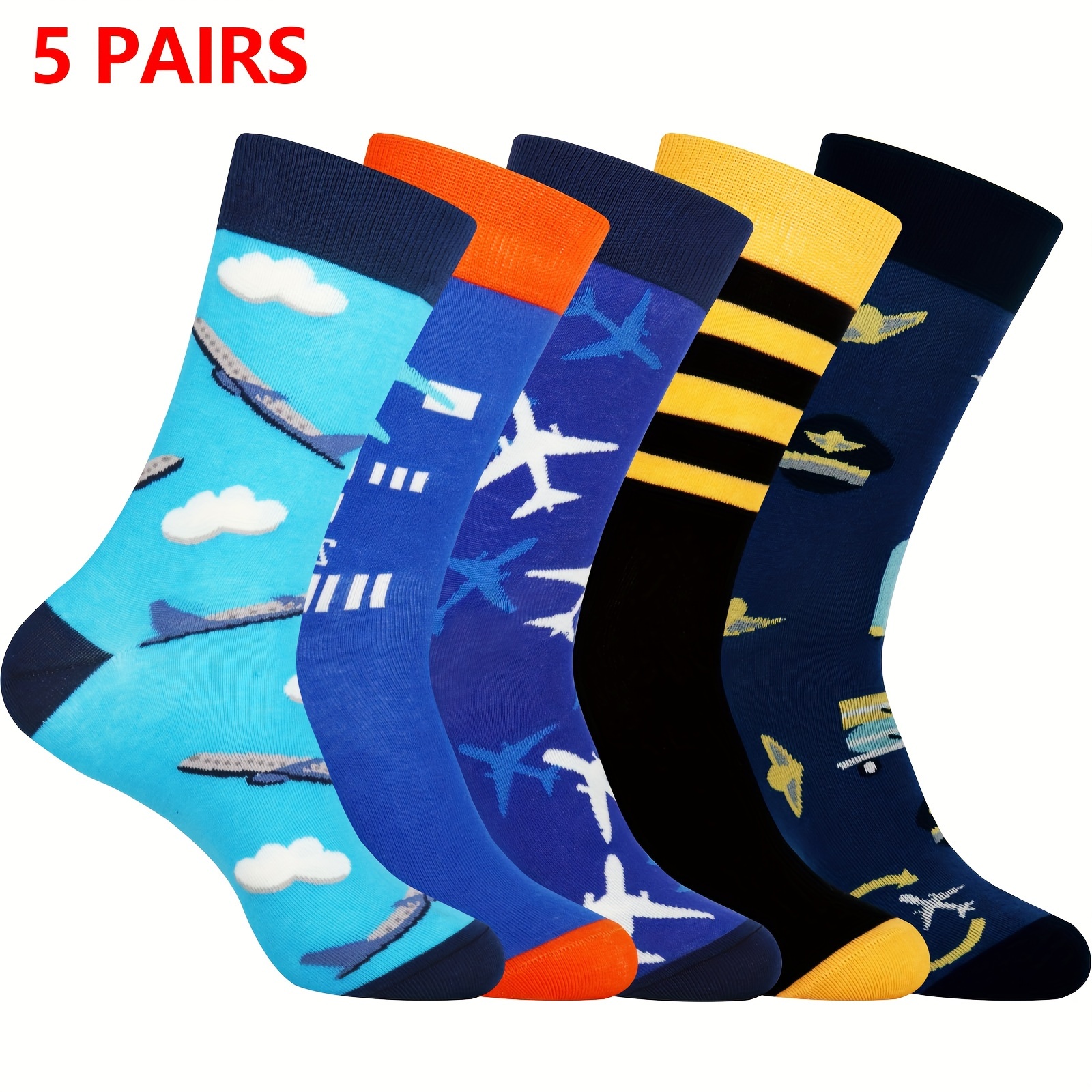 

5 Pairs Gifts For Aviation Men Crew Socks Funny Fun Crazy Funky Dress Crew Socks Birthday Gifts For Men