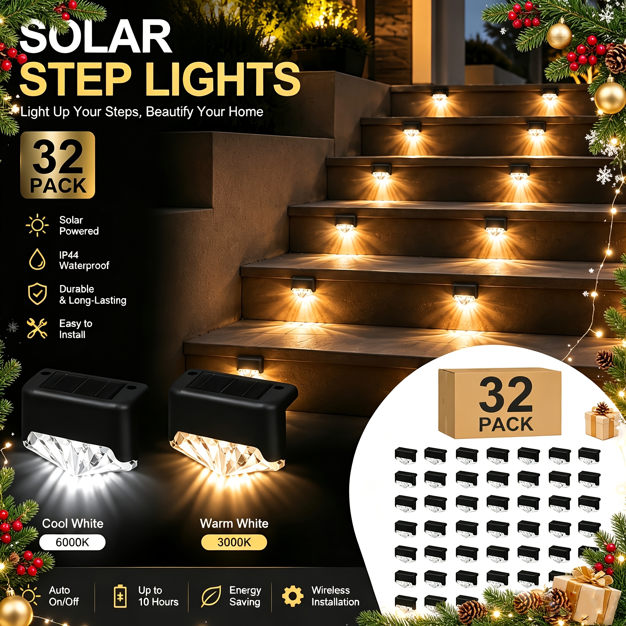 Audles Solar Step Lights – 2-Pack Warm White LED Waterproof Outdoor Stair & Deck Lights