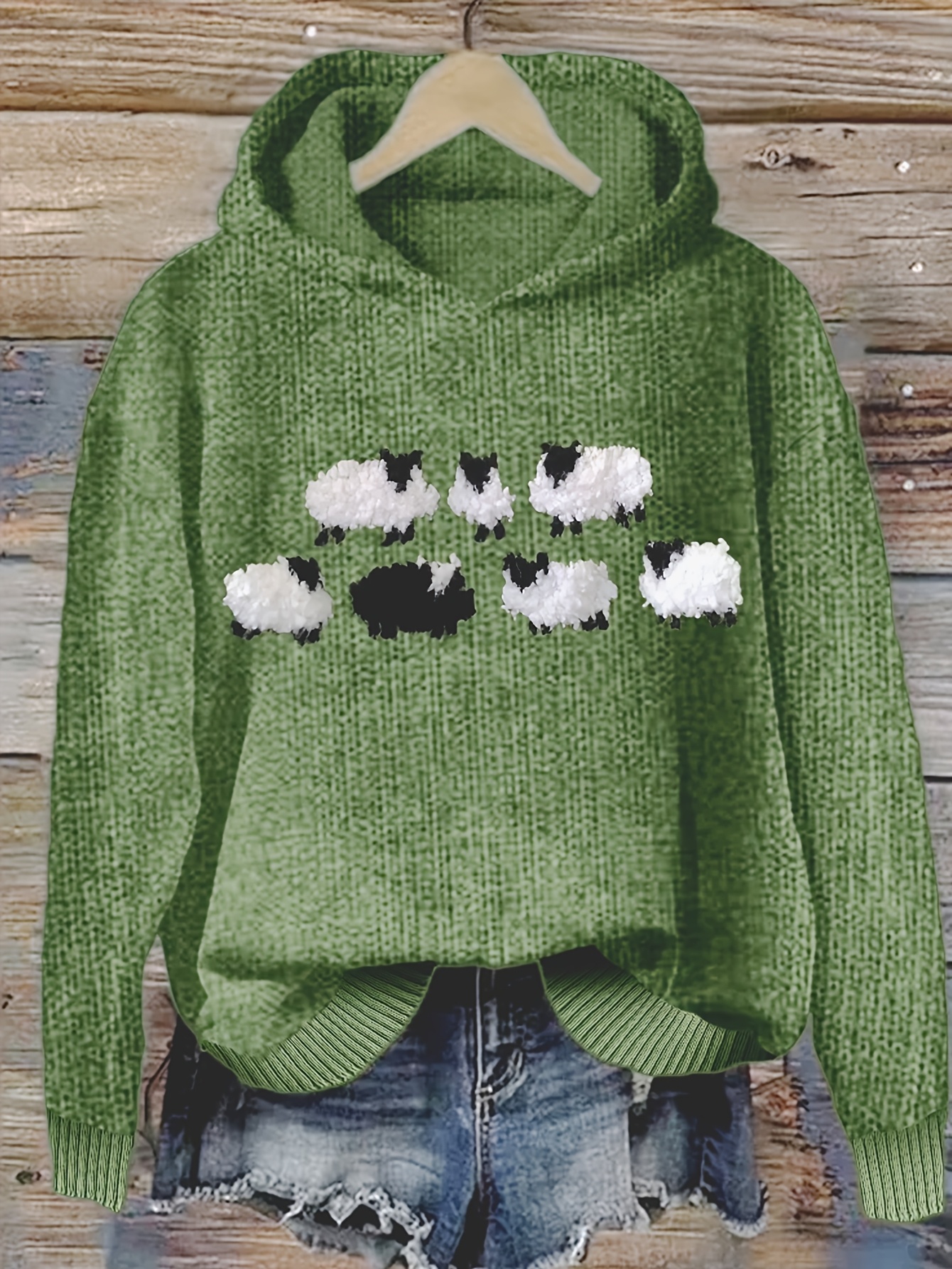 womens soft retro sheep print sweater hoodie green white Temu