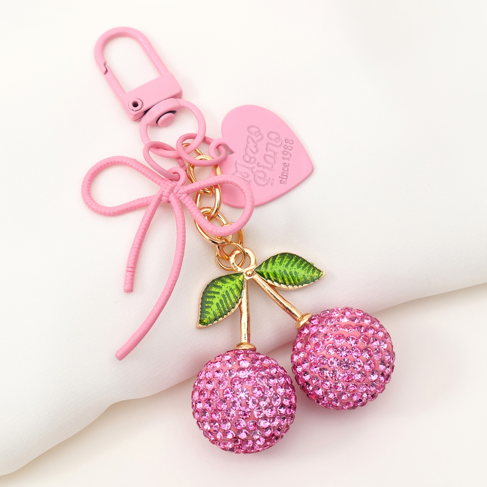 TEMU 1pc Big Size Pink Rhinestone Cherry Keychain, Sparkling Pink Cherry Pendant With Green Leaves, Pink Heart And Bow Charms, Alloy Metal, Birthday