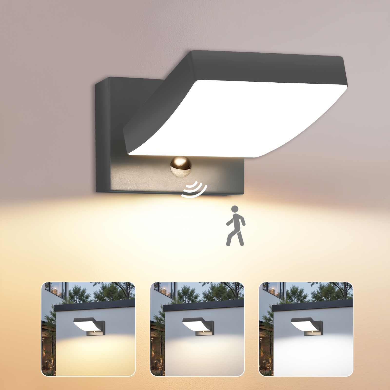 Image of Uring 24w Led Outdoor Lamp With Motion Detector, Ip65 Wall Light, 3000k/4000k/6000k, Swiveling Led Panel (240° Vertical), Operation, Aluminum, For Patio, Garage, Entrance