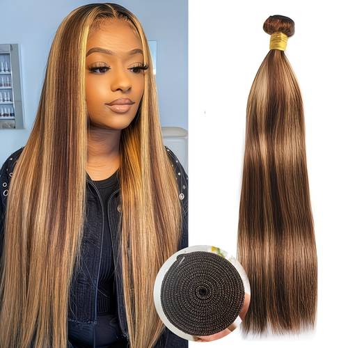 4/27# Human Hair Clip-Ins, Chocolate Brown And Honey Blonde Brazilian Hair Extensions, Suitable for Tones