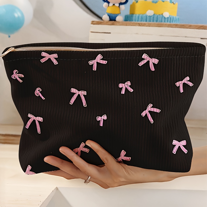 E-shop Schwarze Cord-Make-up-Tasche mit Schleifenmuster - Leichte Make-up-Tasche mit Reißverschluss, multifunktionale Aufbewahrung, geeignet für