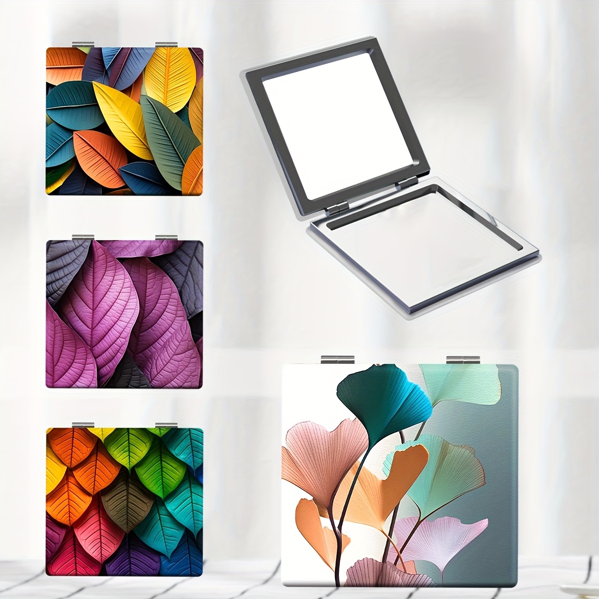 

Colorful Leaf Print Makeup Mirror Compact Square Double Side Folding Cosmetic Touch-up Mirror Beauty Mirror For Purse Birthday Gift For Women