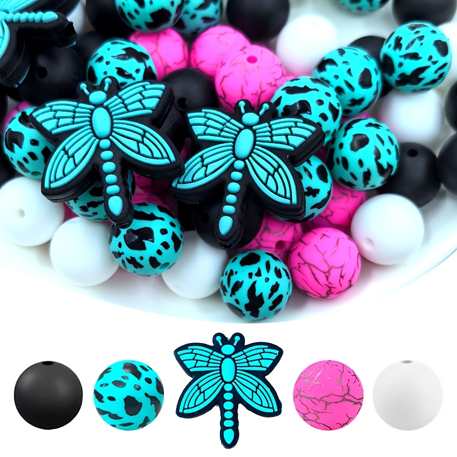 TEMU [25pcs Dragonfly Silicone Beads For ] 25pcs Silicone Dragonfly Beads, Assorted Blue And Black Dragonfly Charms, For Making, Keychains, Bracelets, Necklaces, Crafts And Party Decorations