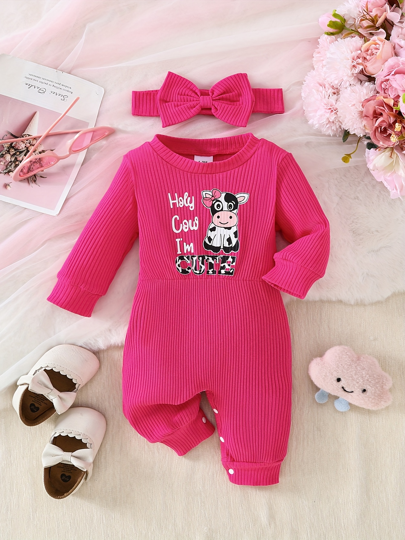 2pcs Newborn Girls' Ribbed Knit Spliced Cartoon Cow Print and Headband Comfort Set, Perfect for Outdoor