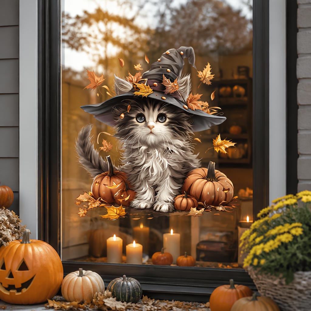 TEMU 1pc Halloween Cute Hat Kitten Window Sticker, Autumn Maple Leaf Pumpkin Cat Glass Decal, Removable Fall Window Cling, Suitable For Home Windows,