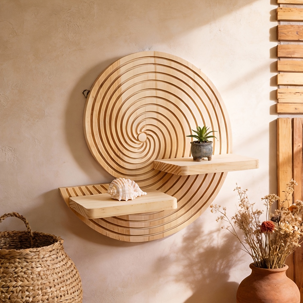 Circular Spiral Wooden Wall Shelf – Natural Wood Floating Shelf with Bohemian Geometric Design, Ideal for Bathroom, Living Room, Bedroom Decor – Space-Saving Storage Rack, Unique Wall Art Decor