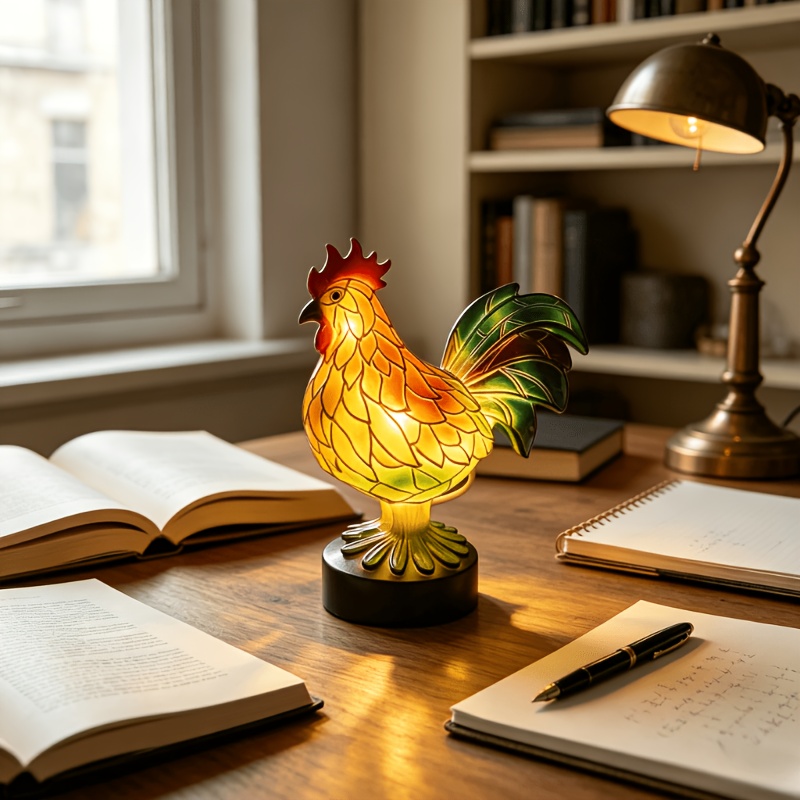 TEMU Colorful Rooster Lamp, Usb-powered, Painted Statue Lamp, Cute Animal-shaped Bedroom Lamp, Farmhouse-style Home Decoration, Suitable For