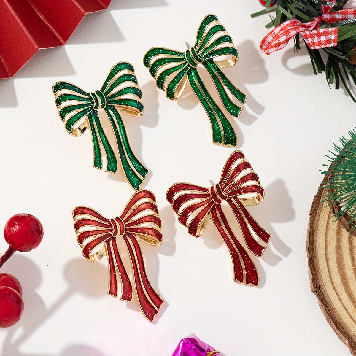 

Valentine's Day Gift Bowknot Earrings, Alloy Drop Oil Glitter Green & Red, Steel Ear Needle, , Non-feather, Daily & Gift , All