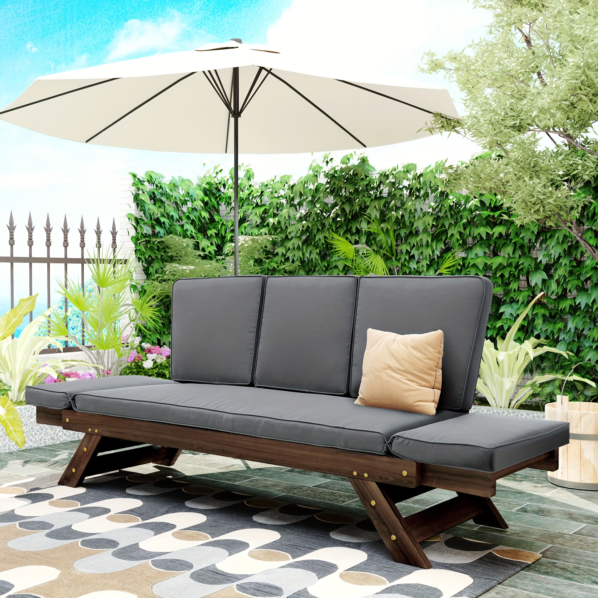 

Outdoor Adjustable Patio Wooden Daybed Sofa Chaise Lounge With Cushions For Small Places