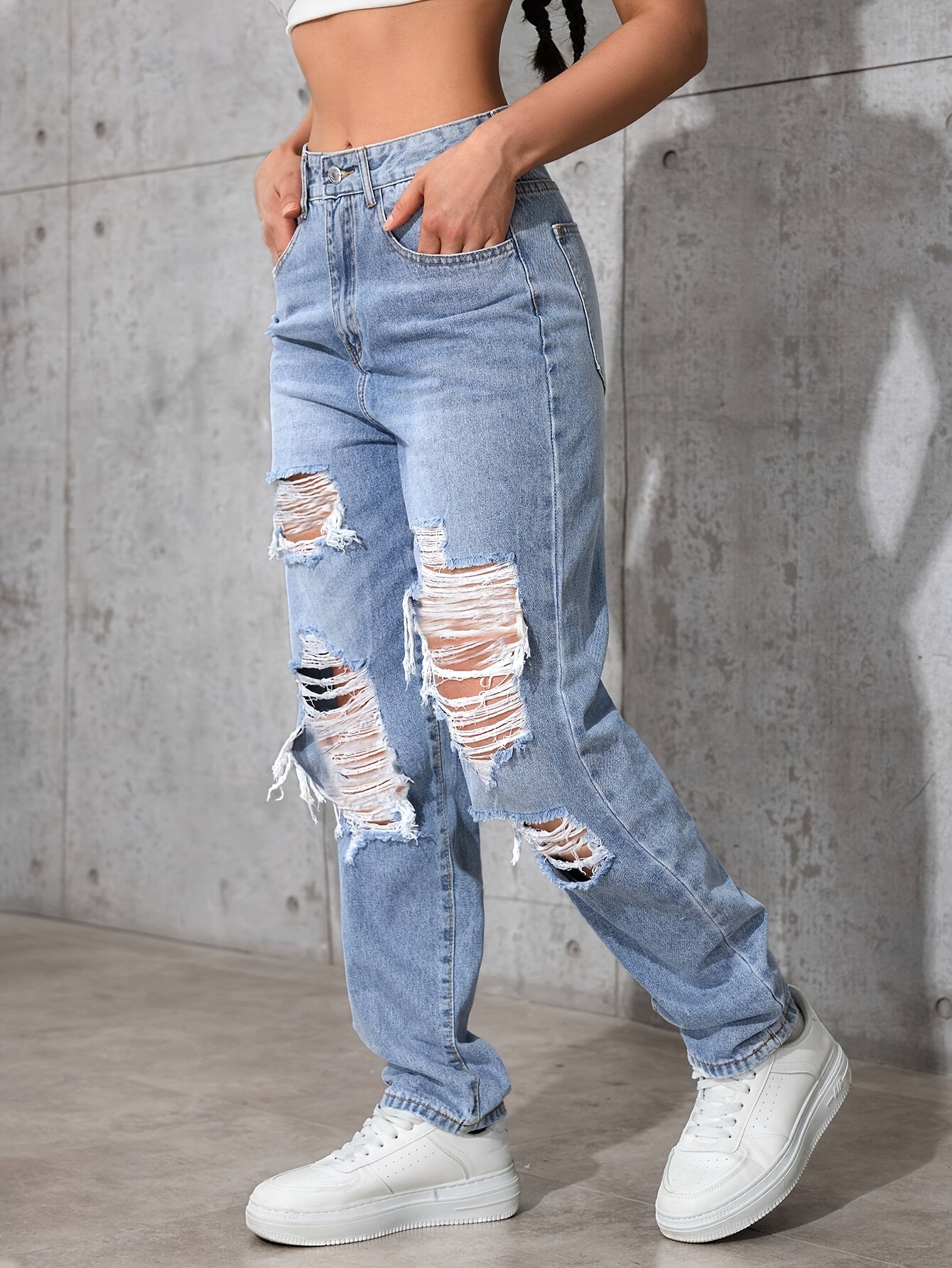 Women'S High-Waisted Ripped Solid Color Washed Denim Jeans - Light Blue, Slim Fit, Non-Stretch Fabric with Raw Hem Detail for Casual Weekend Wear