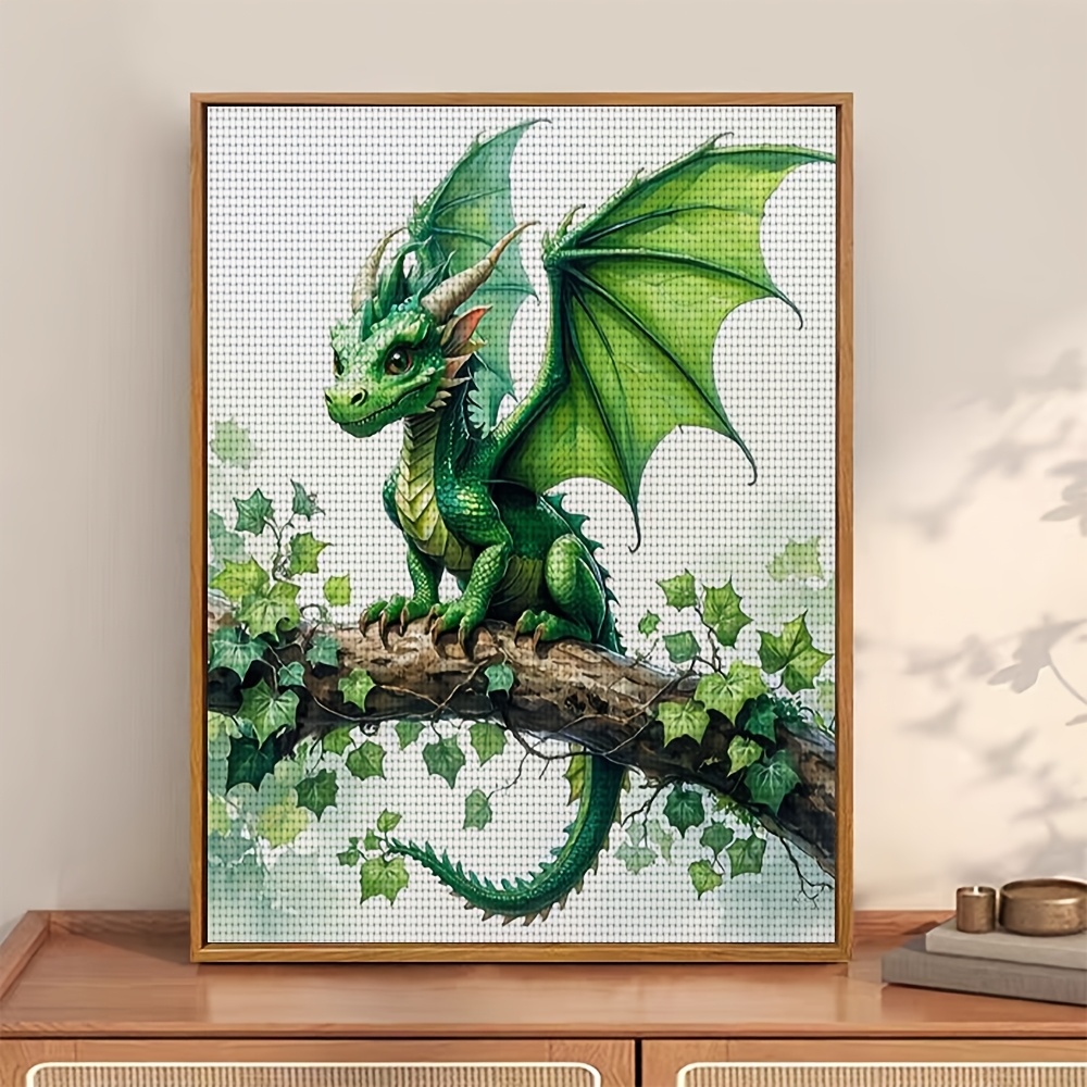 Frameless Stitch Print Kit, Green Dragon Perched on Branch