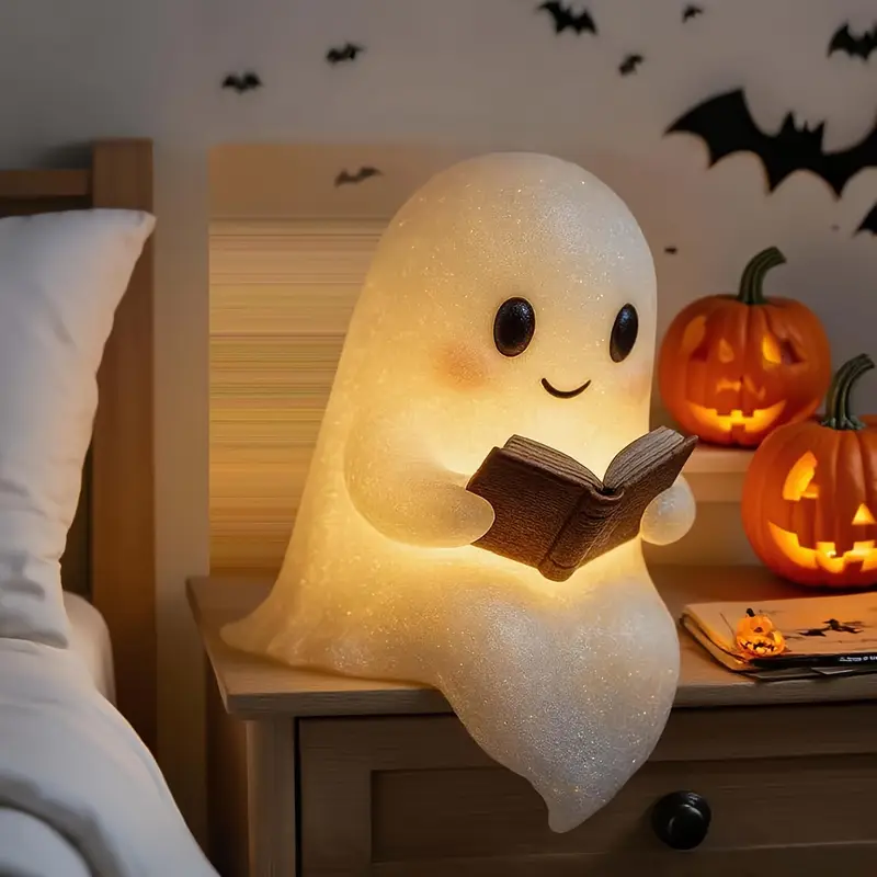 cute glowing reading book lamp - plug-free battery-powered warm light with cozy book light effect, 8.6 adorable plush-like figurine with eyes & glowing pages - indoor/outdoor halloween & decor, night light for bedroom, shelf, mantel - ideal gift for book lovers & spooky home decor Product details 0