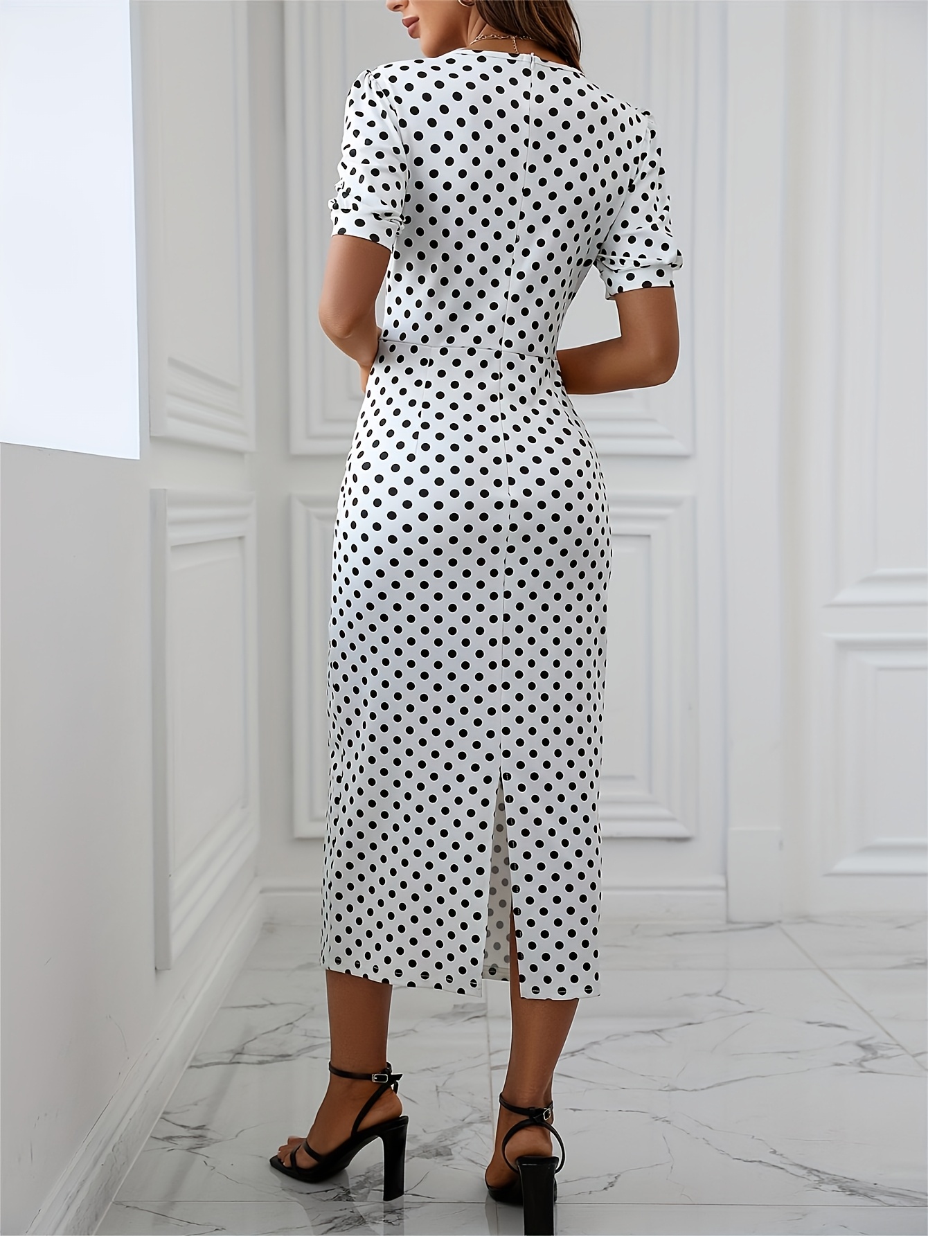 stijlvolle stippen midi jurk voor vrouwen ronde halslijn Temu