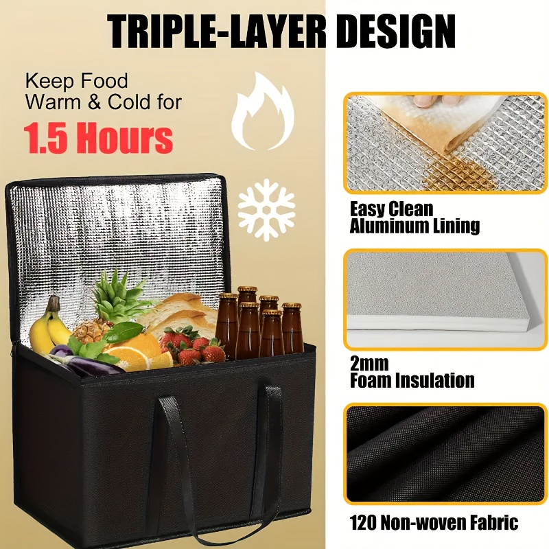 XXXL Insulated Reusable Shopping Bag - Large Thermal Food-Safe Cooler Tote with Sturdy Handles, Durable Black Grocery Bag for Camping, Picnics, Outdoor Activities & Holiday Gifts (Christmas, New Year), Insulated Bag, Reflective Thermal Lining