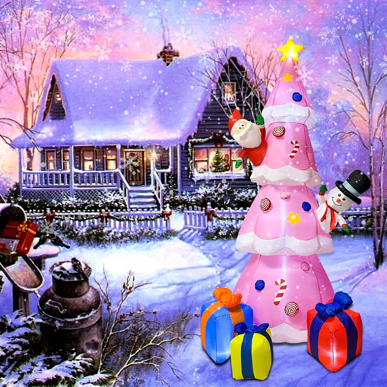 

9ft Inflatable Christmas Tree, Pink Christmas Tree With Santa Claus & Snowman, Gift Box, Christmas Inflatable Blow Up Yard Decorations With Built-in Led Lights For Holiday Party Yard Garden Decor