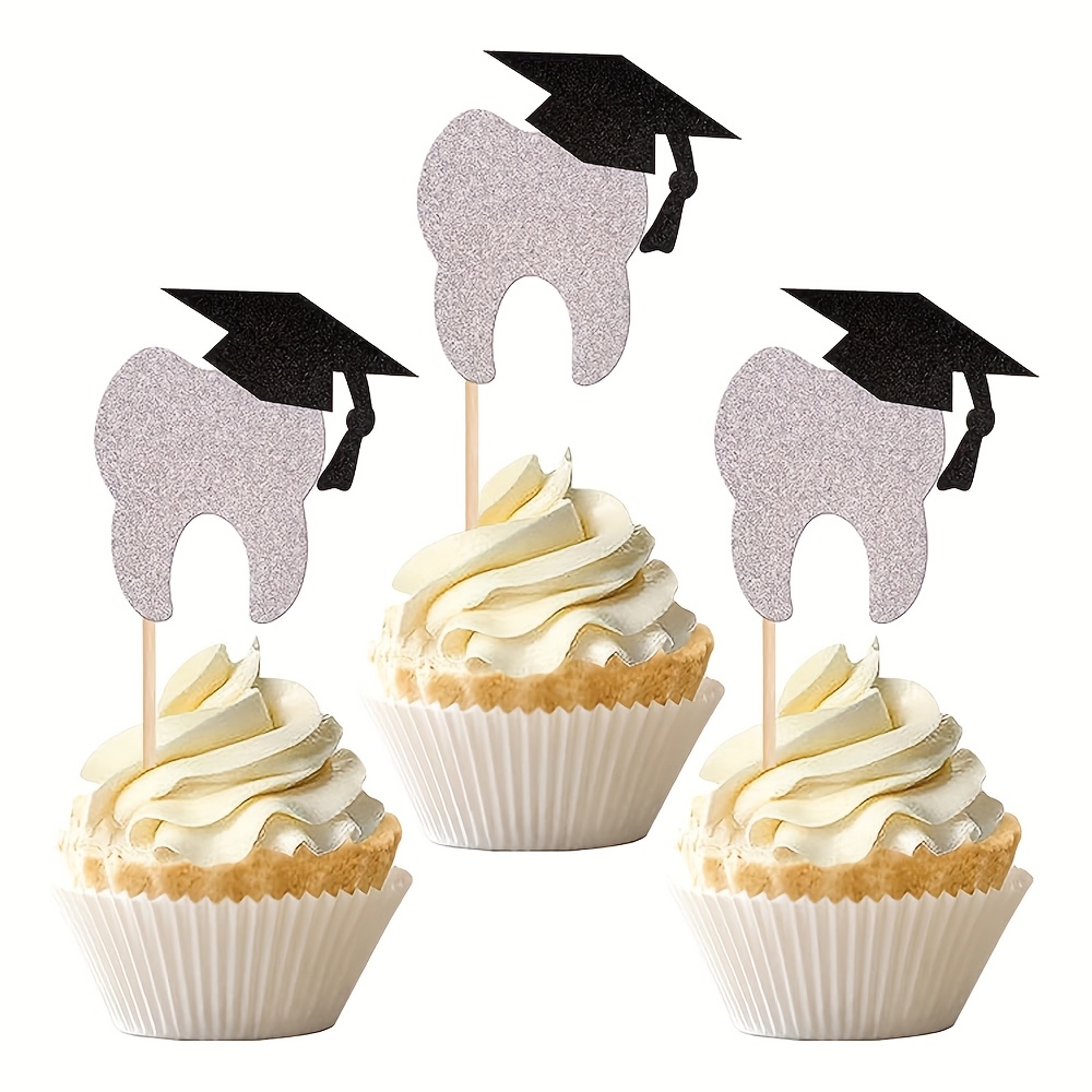 Image of 24pcs 2025 Dentisit Graduation Cupcake Toppers Glitter Congrats Grad Cap Class Of 2025 Cupcake Picks For 2025 Dentisit Graduation Theme Party Cake Decorations Supplies