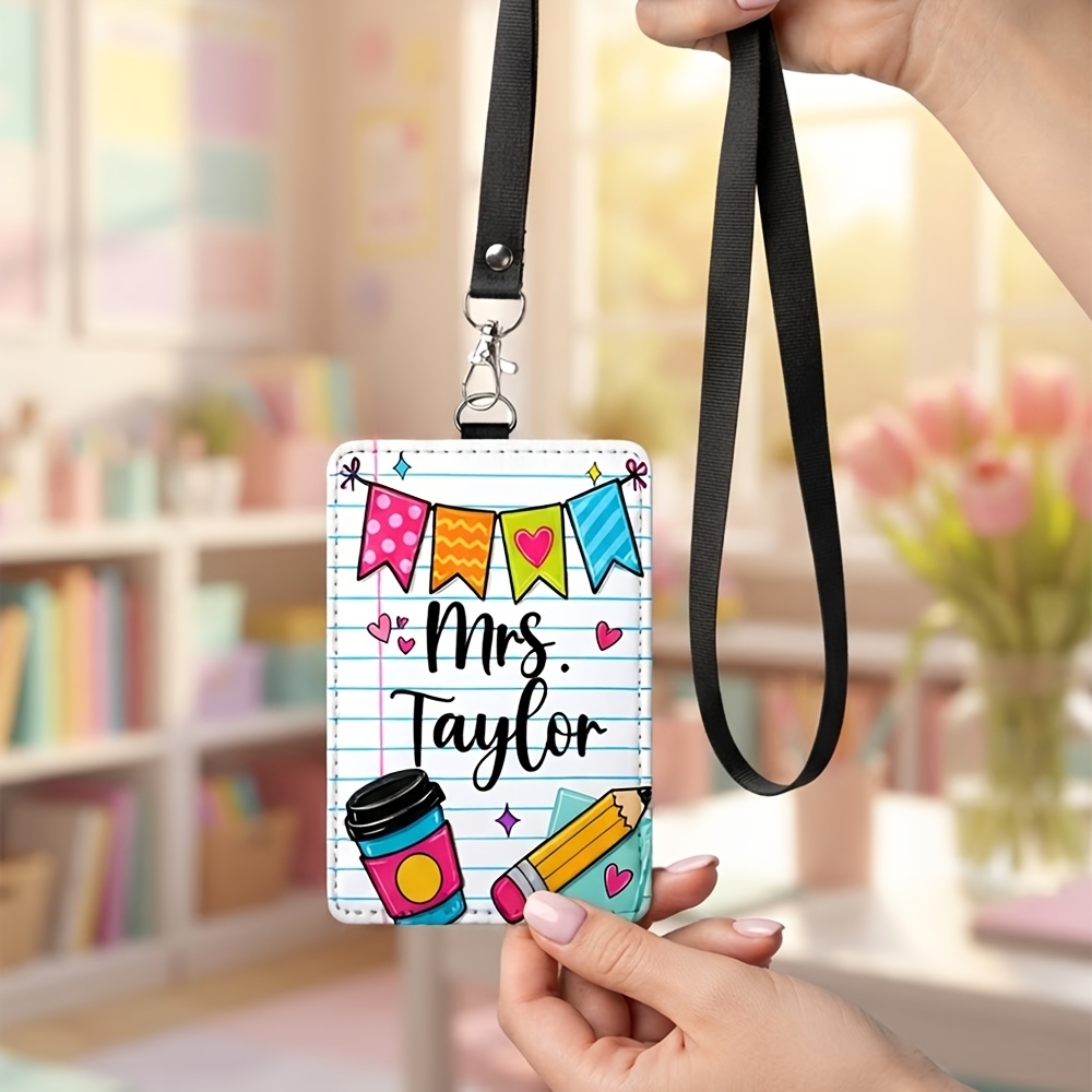 TEMU Porte-badge d'identification 2D personnalisé avec nom pour enseignant, porte-carte d'identité à , cadeau de nouveau semestre pour enseignants,
