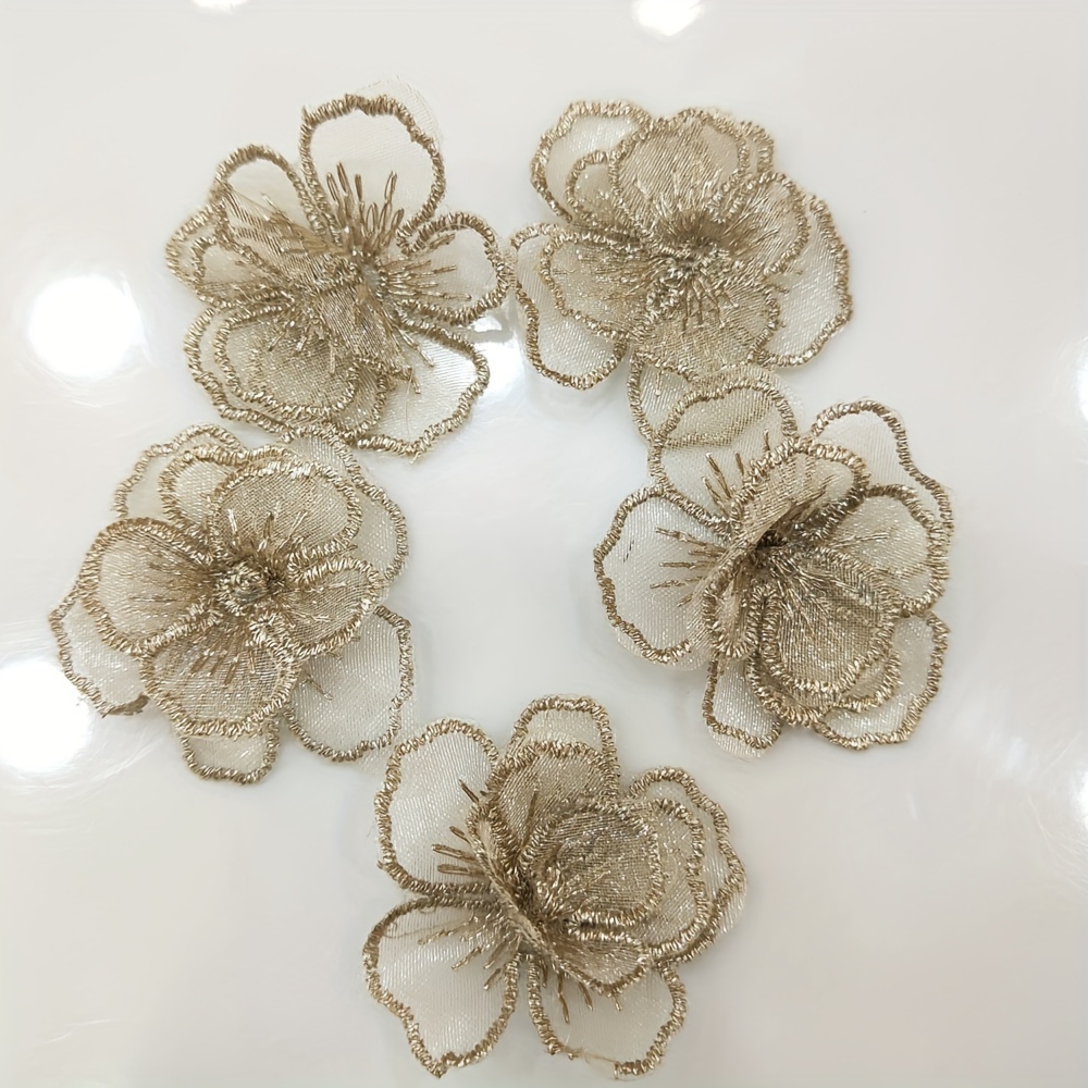 

Set Of 10 Gold Embroidered Organza Flower Appliqués, 3d Floral Patches For Diy Crafts And Fabric Decoration