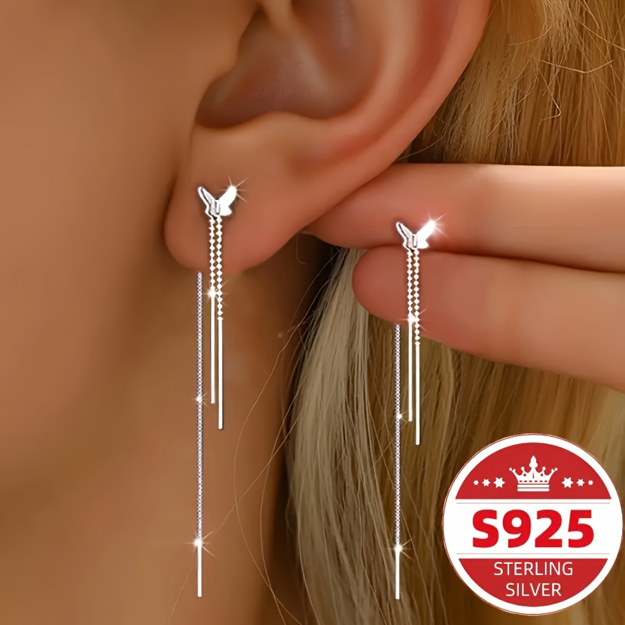 TEMU Ein Paar S925 Sterlingsilber Schmetterling-Quasten-Ohrringe, eleganter lieblicher Stil, Damenschmuck, perfektes Geschenk, geeignet für den den