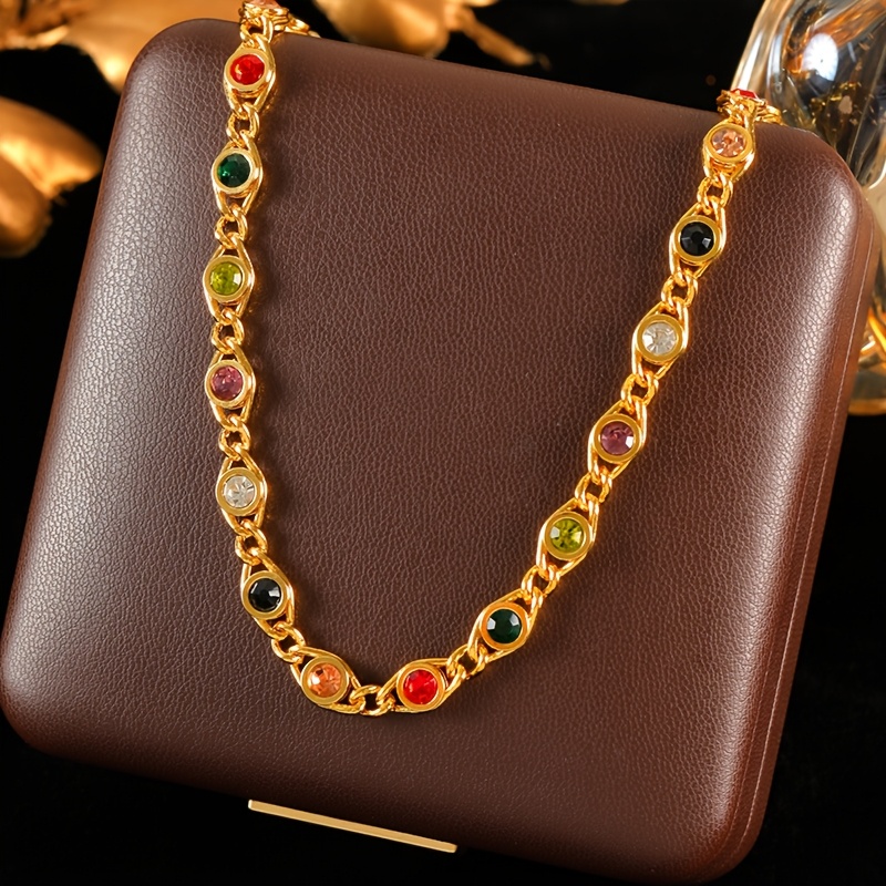 TEMU 1pc Of Trendy Stainless Steel Choker Necklace For Women, Featuring Colorful Synthetic Cubic Zirconia, Stylish Chain Design, And Waterproof