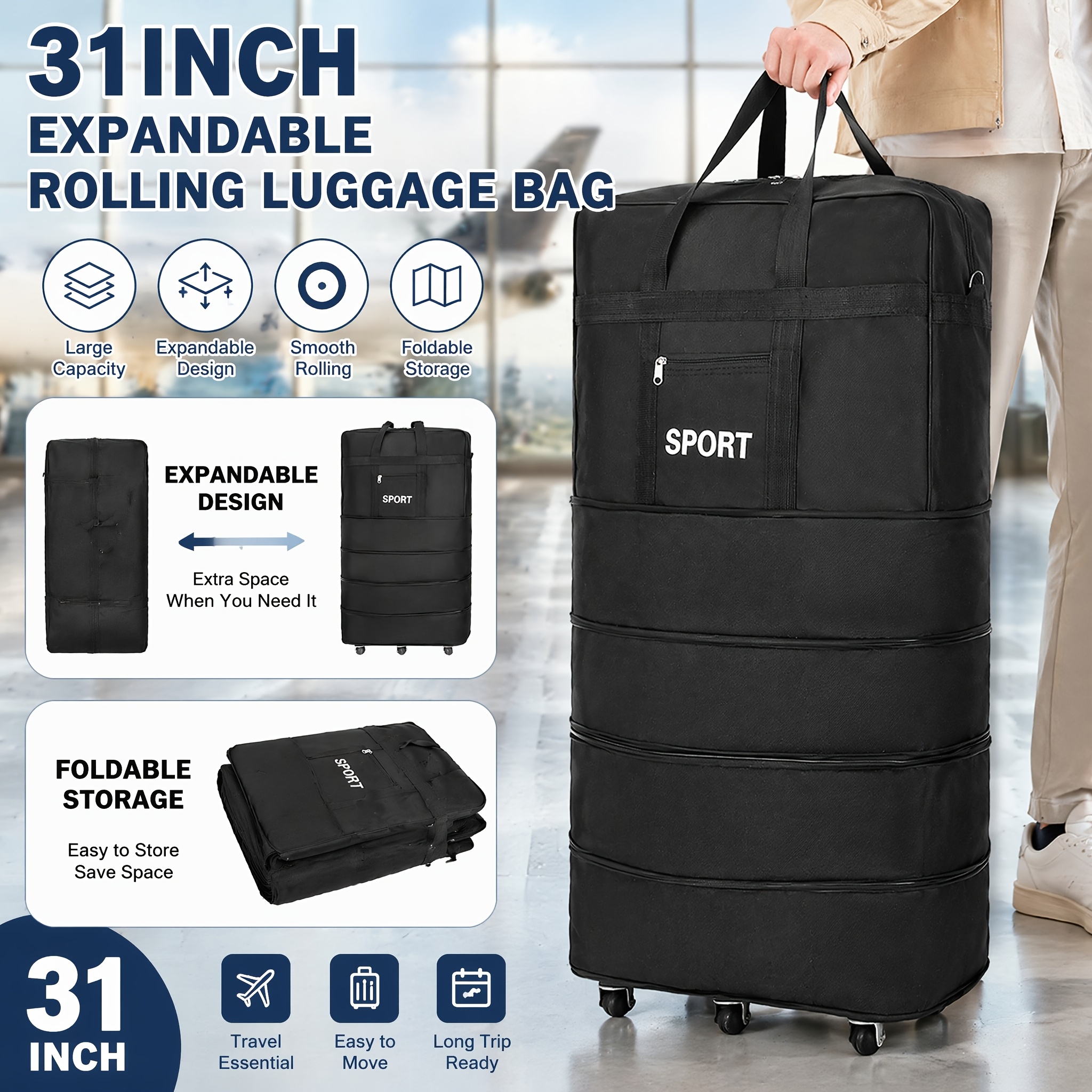 Foldable Rolling Luggage Bag With Wheels, Black 31 Inch Expandable Suitcase Bag, Oxford Fabric Travel Bag With 360° Multi-directional Wheels, For Camping Hiking, To School Gift