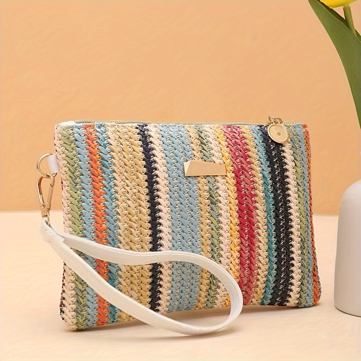

Rainbow Woven Clutch Bag For Women, Summer Simple Stylish Small Pouch With Detachable Strap